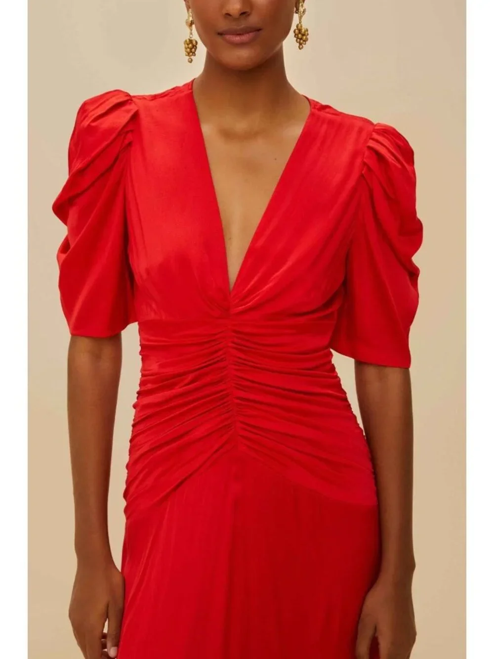 NWOT Farm Rio Red Gathered Midi Dress Size M - Picture 2 of 14